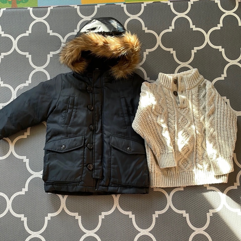 3T Baby Gap Boy Toddler Cold Control Max Down Parka & Cable Knit Sweater
